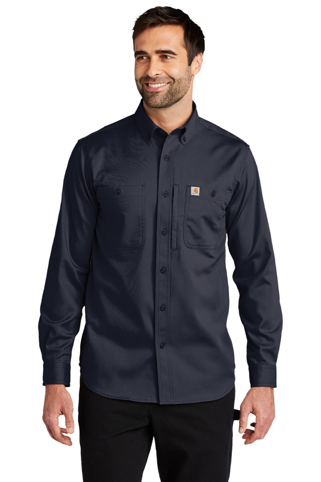 Carhartt CT102538/CT106689 Mens Rugged Professional Series Wrinkle Resistant Long Sleeve Button Down Shirt w/ Pocket Navy Blue Model Front