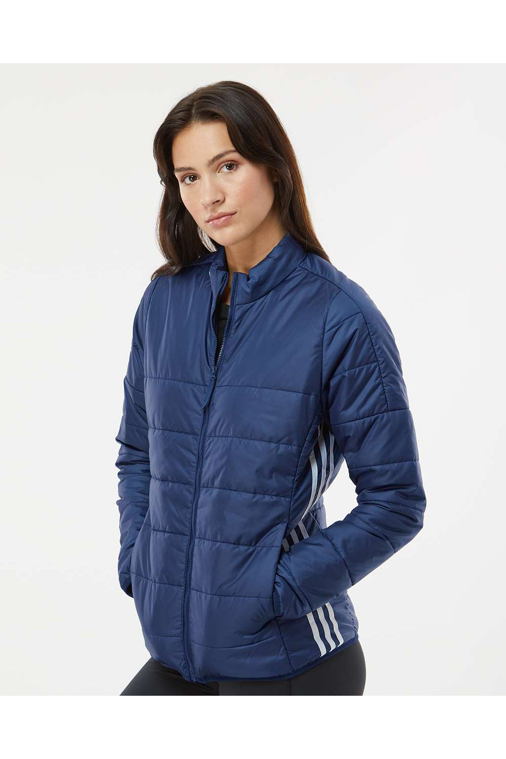 Adidas A571 Womens Full Zip Puffer Jacket Team Navy Blue Model Side