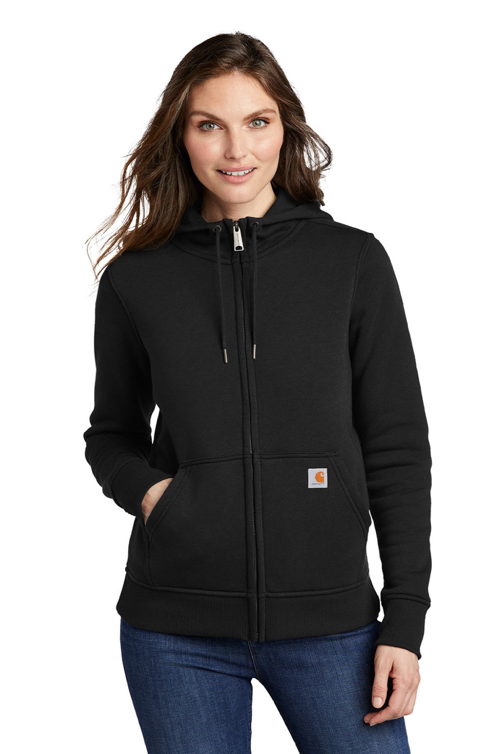 Carhartt CT102788 Womens Clarksburg Full Zip Hooded Sweatshirt Hoodie w/ Pockets Black Model Front