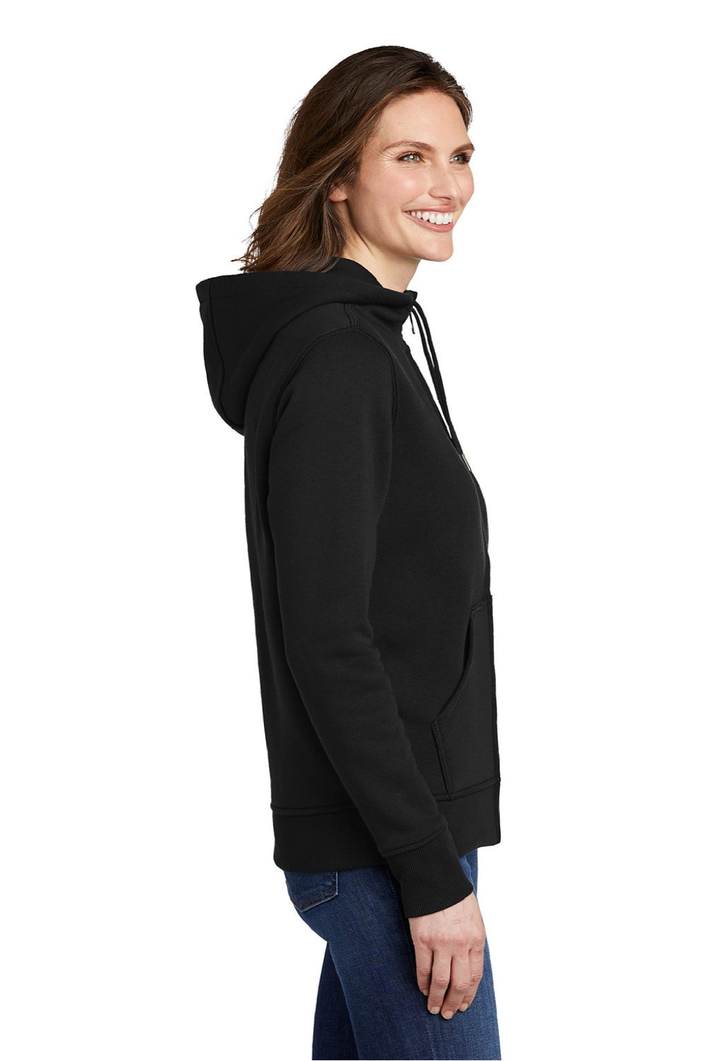 Carhartt CT102788 Womens Clarksburg Full Zip Hooded Sweatshirt Hoodie w/ Pockets Black Model Side