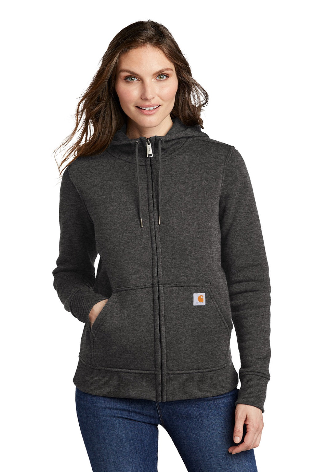 Carhartt CT102788 Womens Clarksburg Full Zip Hooded Sweatshirt Hoodie w/ Pockets Heather Carbon Grey Model Front