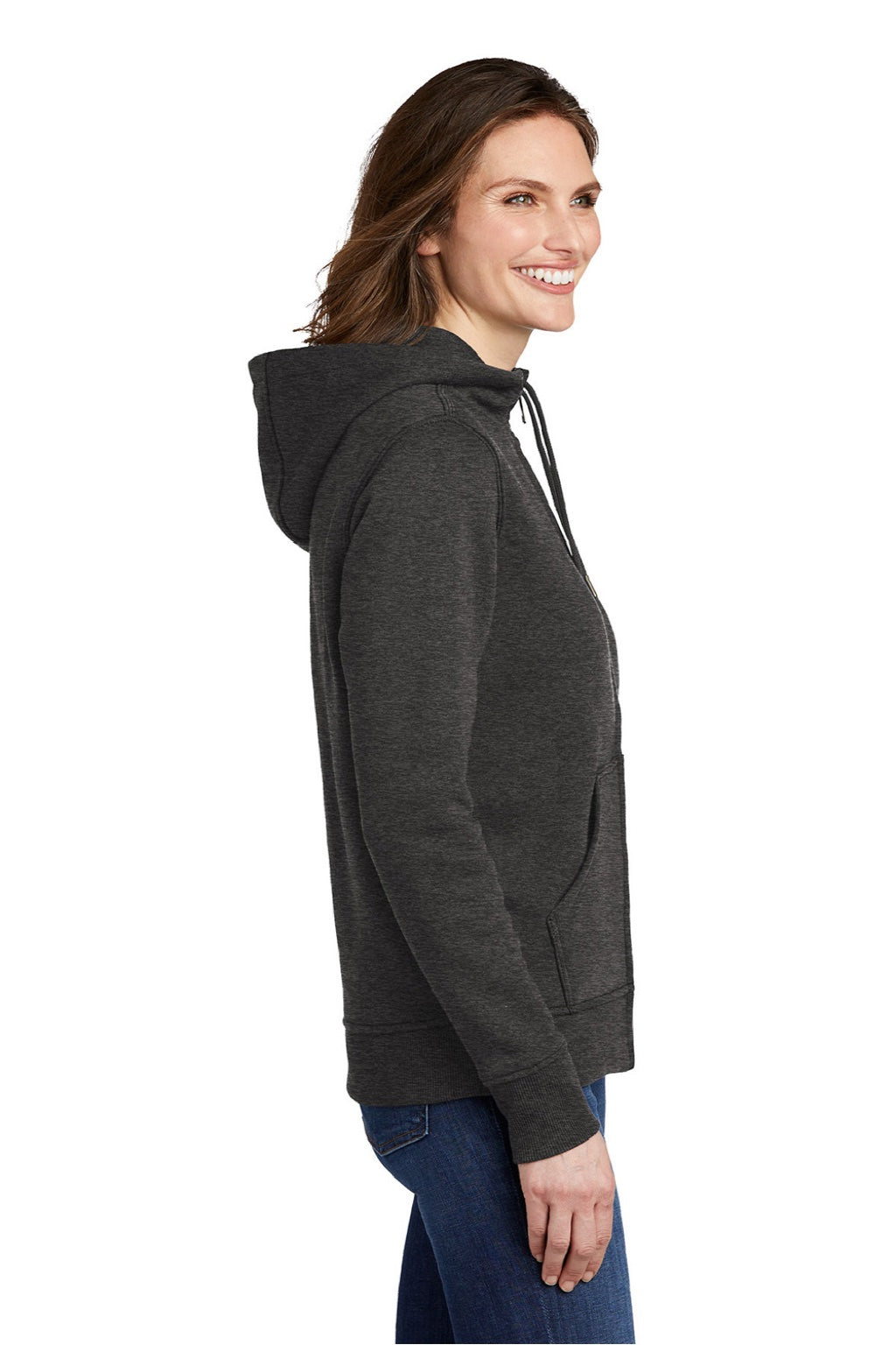 Carhartt CT102788 Womens Clarksburg Full Zip Hooded Sweatshirt Hoodie w/ Pockets Heather Carbon Grey Model Side
