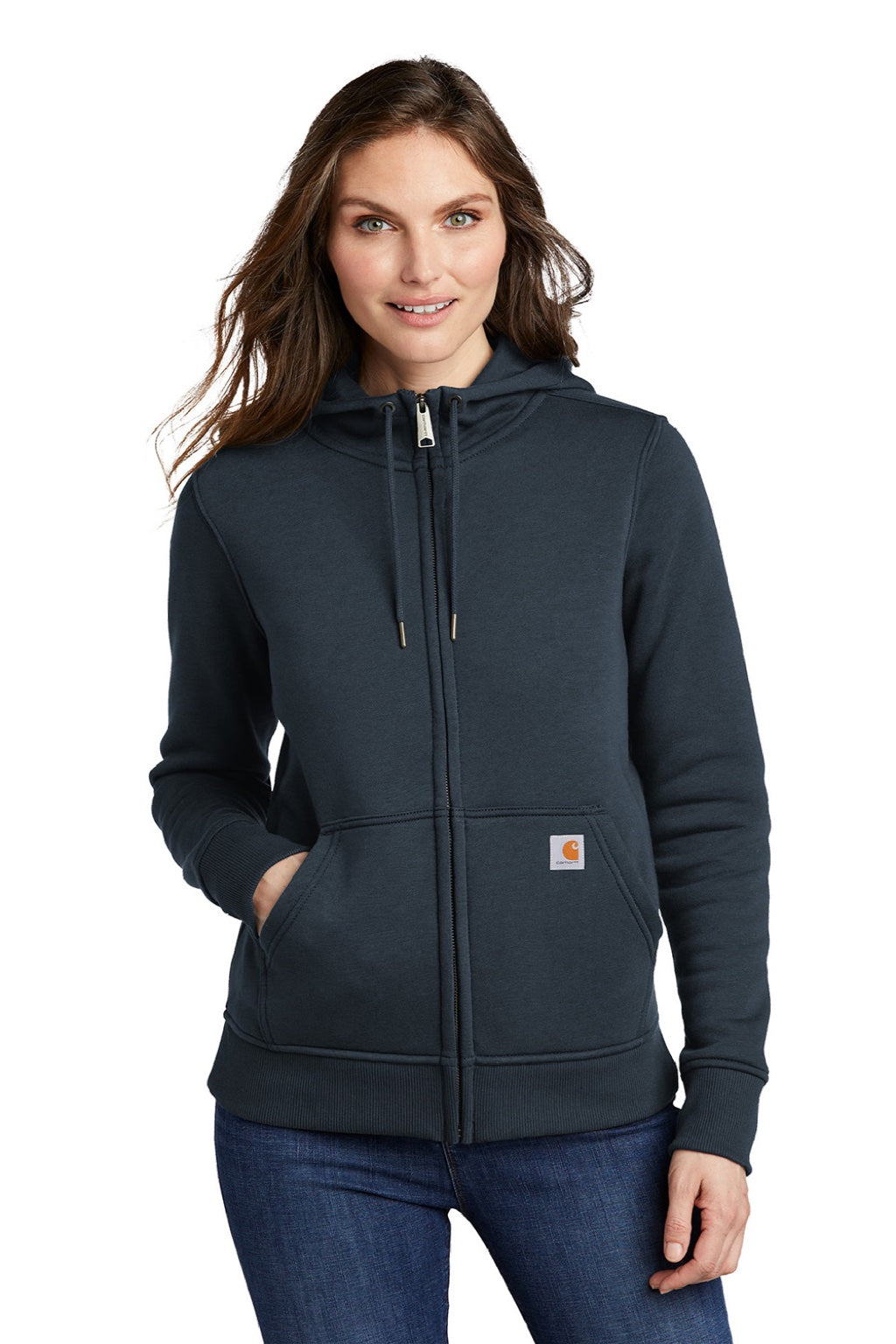 Carhartt CT102788 Womens Clarksburg Full Zip Hooded Sweatshirt Hoodie w/ Pockets Navy Blue Model Front