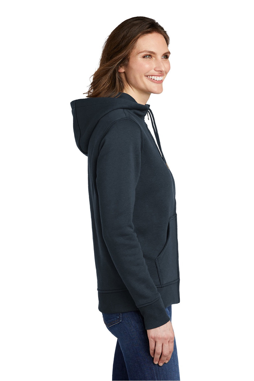 Carhartt CT102788 Womens Clarksburg Full Zip Hooded Sweatshirt Hoodie w/ Pockets Navy Blue Model Side