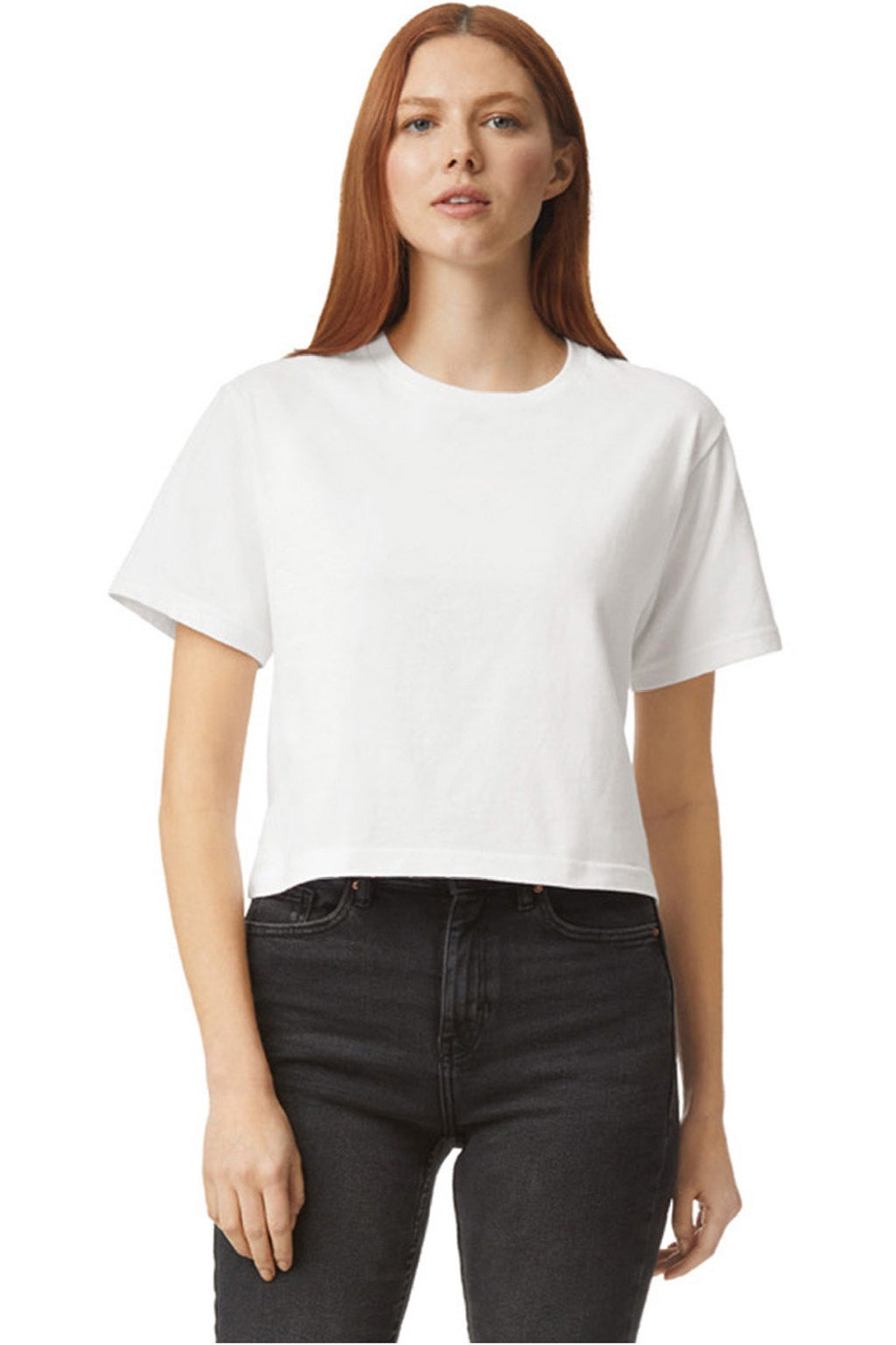 American Apparel 102 Womens Fine Jersey Boxy Short Sleeve Crewneck T-Shirt White Model Front
