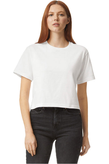 American Apparel 102 Womens Fine Jersey Boxy Short Sleeve Crewneck T-Shirt White Model Front