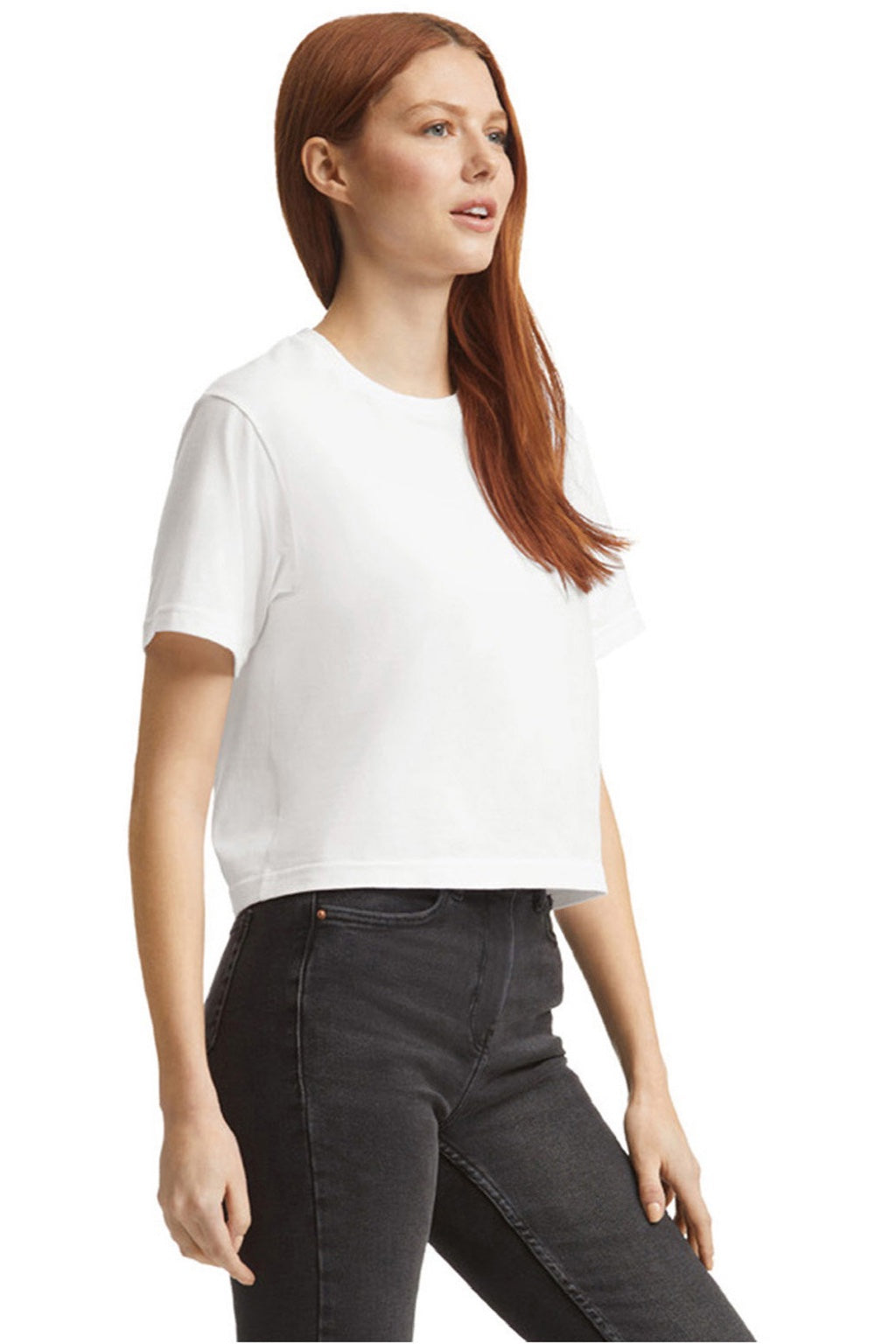 American Apparel 102 Womens Fine Jersey Boxy Short Sleeve Crewneck T-Shirt White Model Side