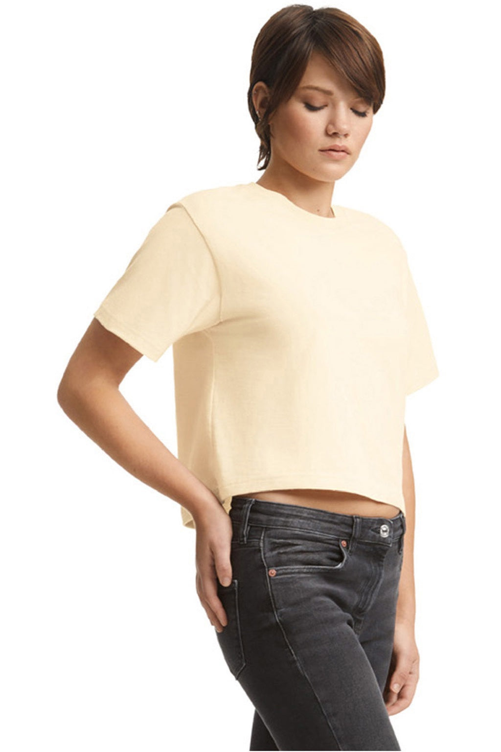 American Apparel 102 Womens Fine Jersey Boxy Short Sleeve Crewneck T-Shirt Cream Model Side