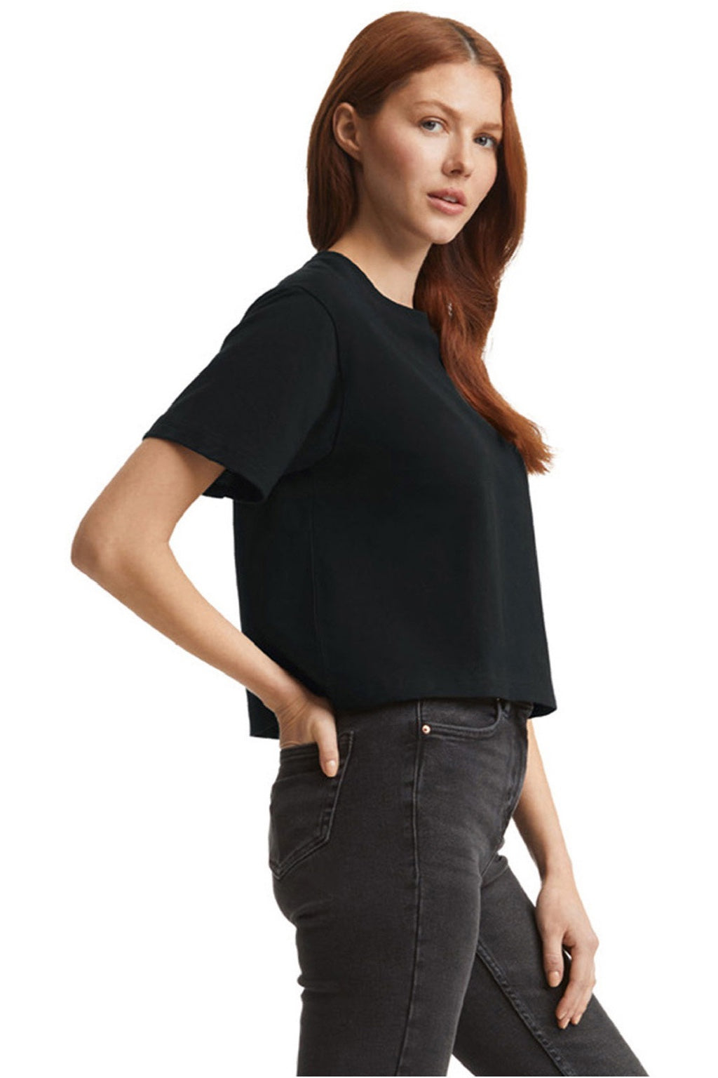 American Apparel 102 Womens Fine Jersey Boxy Short Sleeve Crewneck T-Shirt Black Model Side