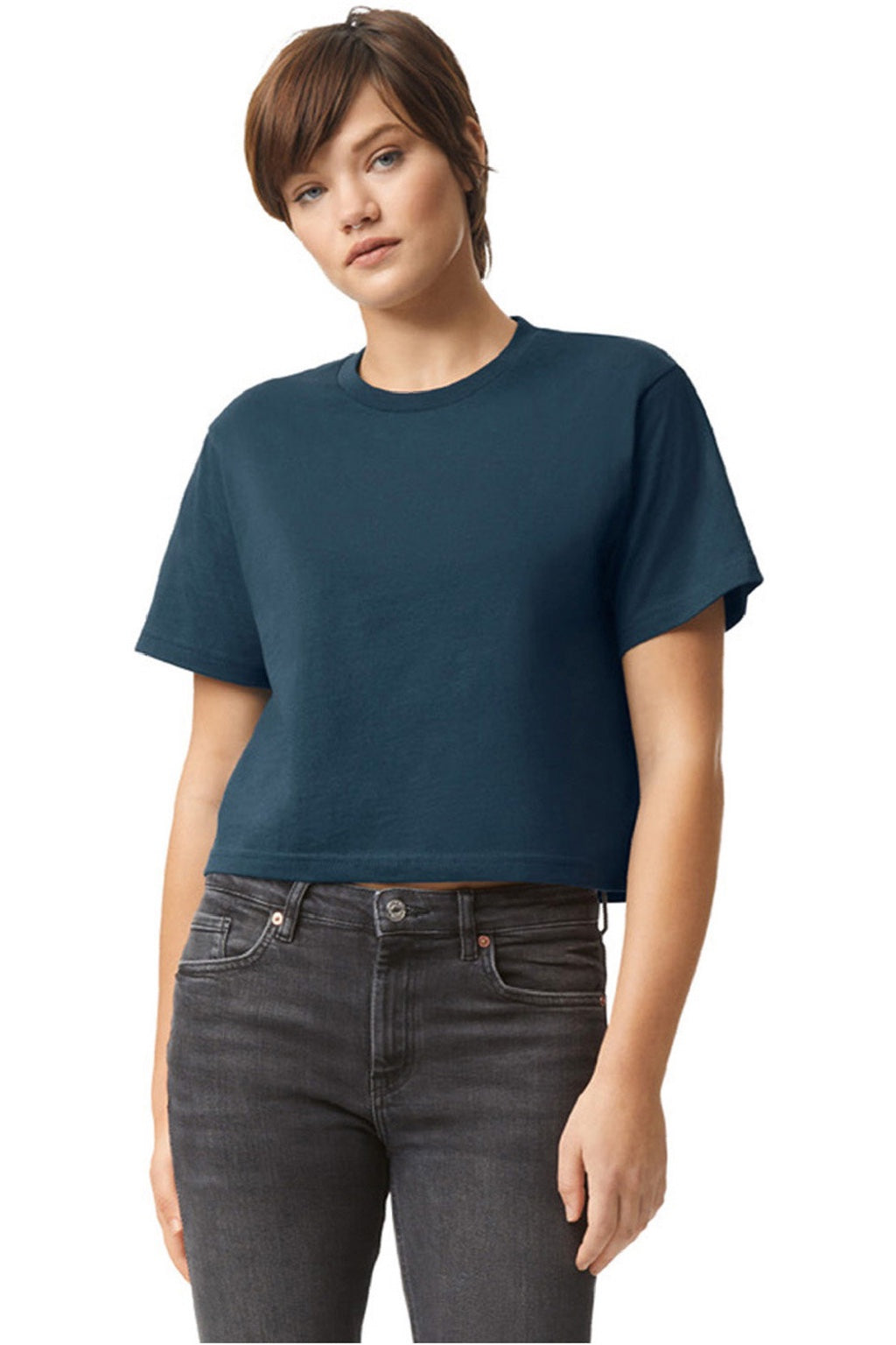 American Apparel 102 Womens Fine Jersey Boxy Short Sleeve Crewneck T-Shirt Sea Blue Model Front