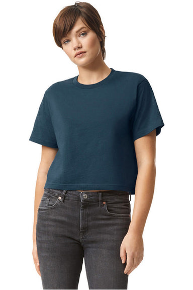 American Apparel 102 Womens Fine Jersey Boxy Short Sleeve Crewneck T-Shirt Sea Blue Model Front