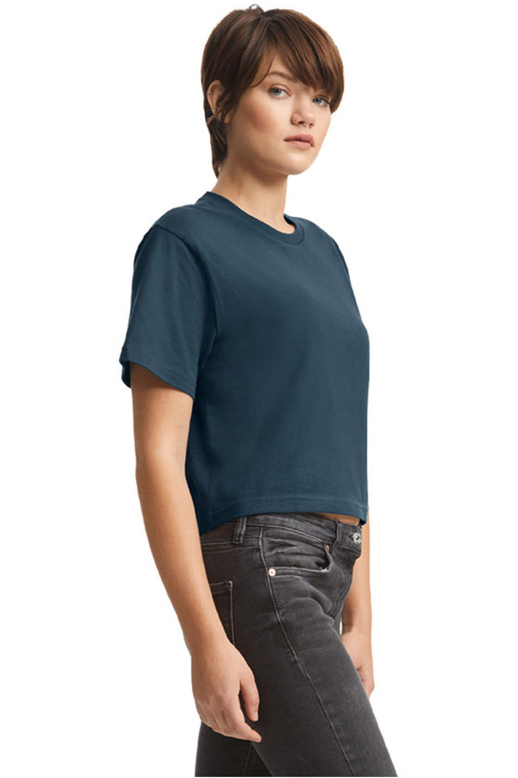 American Apparel 102 Womens Fine Jersey Boxy Short Sleeve Crewneck T-Shirt Sea Blue Model Side