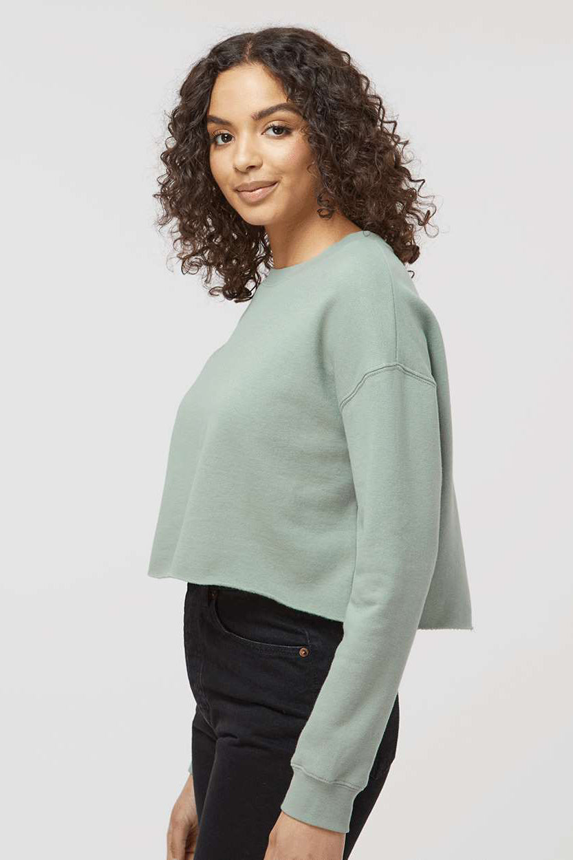Independent Trading Company AFX24CRP Womens Crop Crewneck Sweatshirt Sage Green Model Side