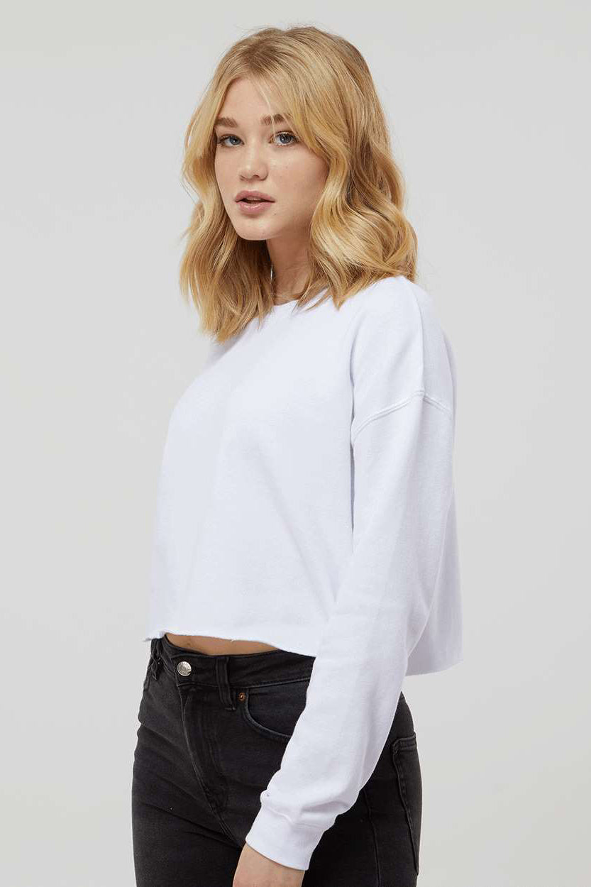 Independent Trading Company AFX24CRP Womens Crop Crewneck Sweatshirt White Model Side