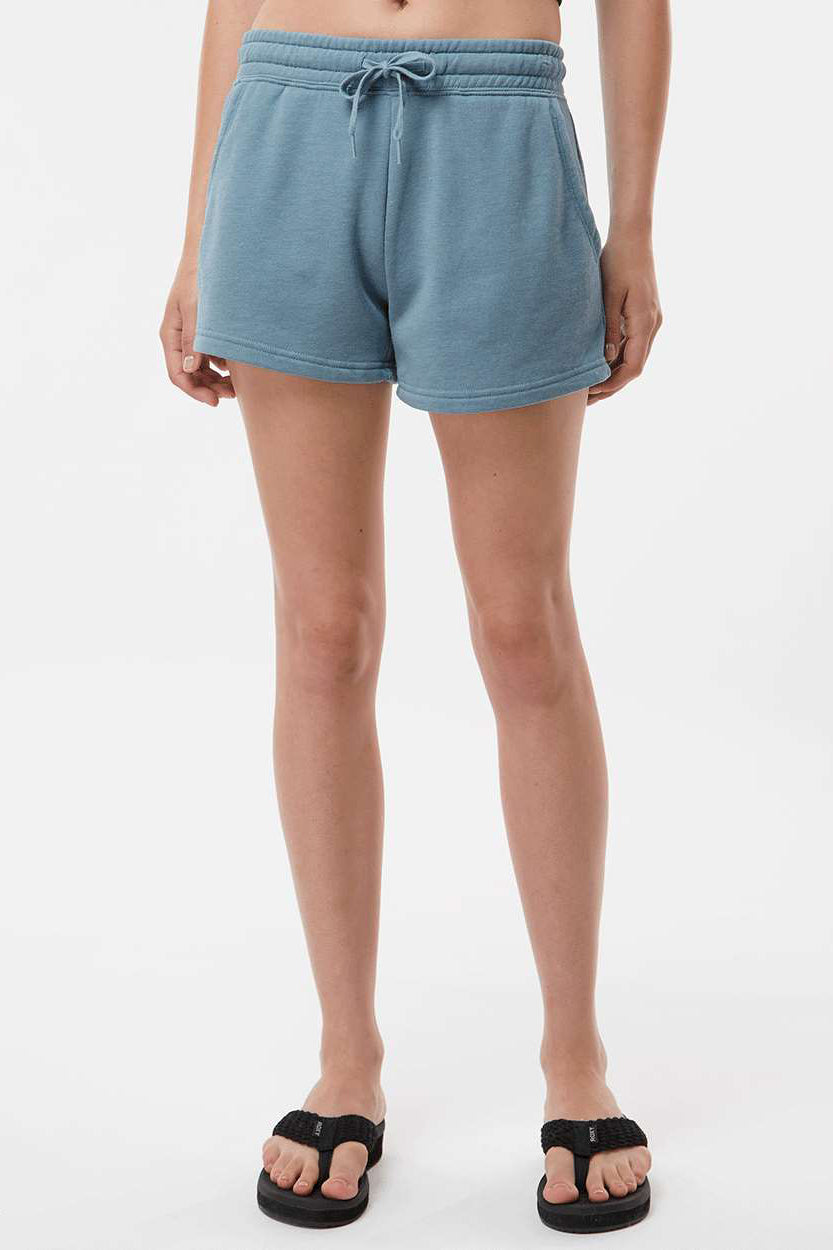 Independent Trading Company PRM20SRT Womens California Wave Wash Fleece Shorts w/ Pockets Misty Blue Model Front
