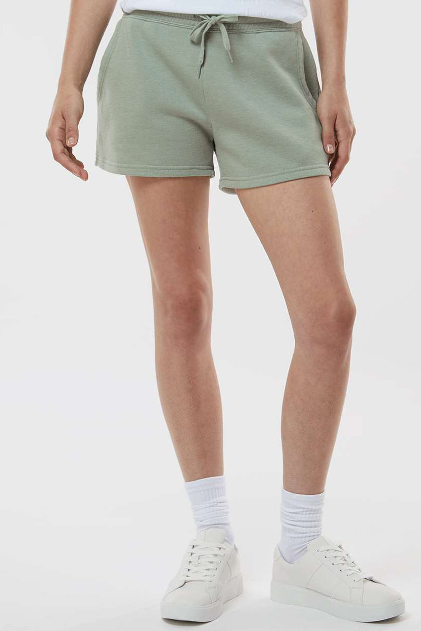 Independent Trading Company PRM20SRT Womens California Wave Wash Fleece Shorts w/ Pockets Sage Green Model Front