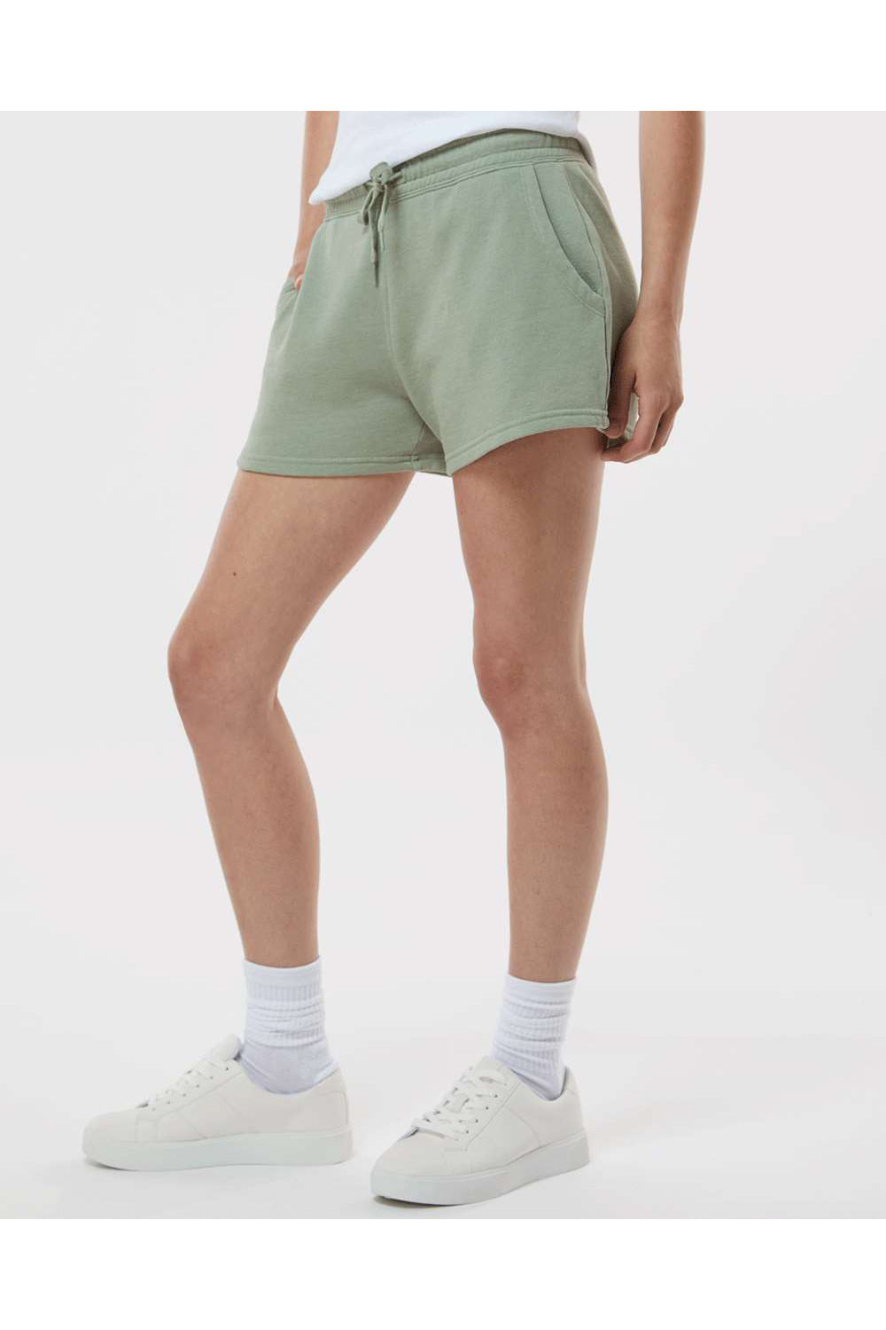 Independent Trading Co. PRM20SRT Womens California Wave Wash Fleece Shorts w/ Pockets Sage Green Model Side