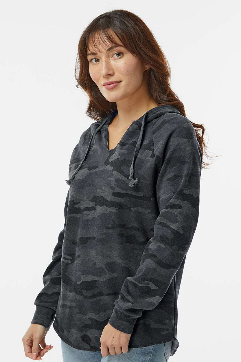 Independent Trading Company PRM2500 Womens California Wave Wash Hooded Sweatshirt Hoodie Heather Black Camo Model Side