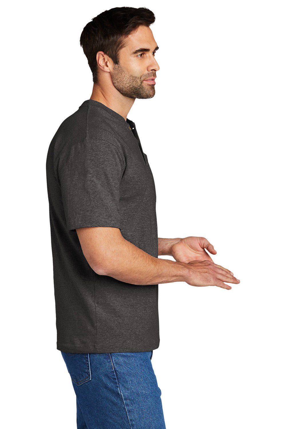 Carhartt CTK84 Mens Short Sleeve Henley T-Shirt w/ Pocket Heather Carbon Grey Model Side