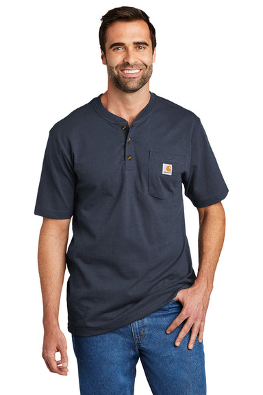 Carhartt CTK84 Mens Short Sleeve Henley T-Shirt w/ Pocket Navy Blue Model Front