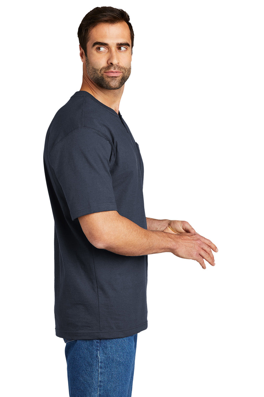 Carhartt CTK84 Mens Short Sleeve Henley T-Shirt w/ Pocket Navy Blue Model Side