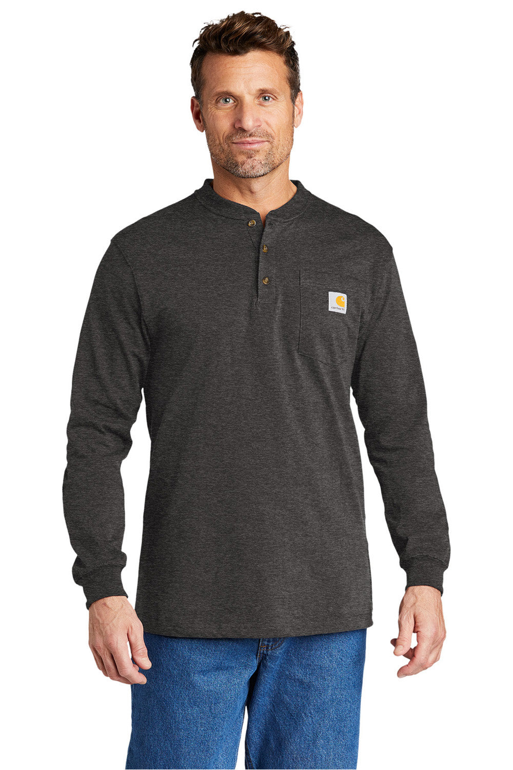 Carhartt CTK128 Mens Long Sleeve Henley T-Shirt w/ Pocket Heather Carbon Grey Model Front