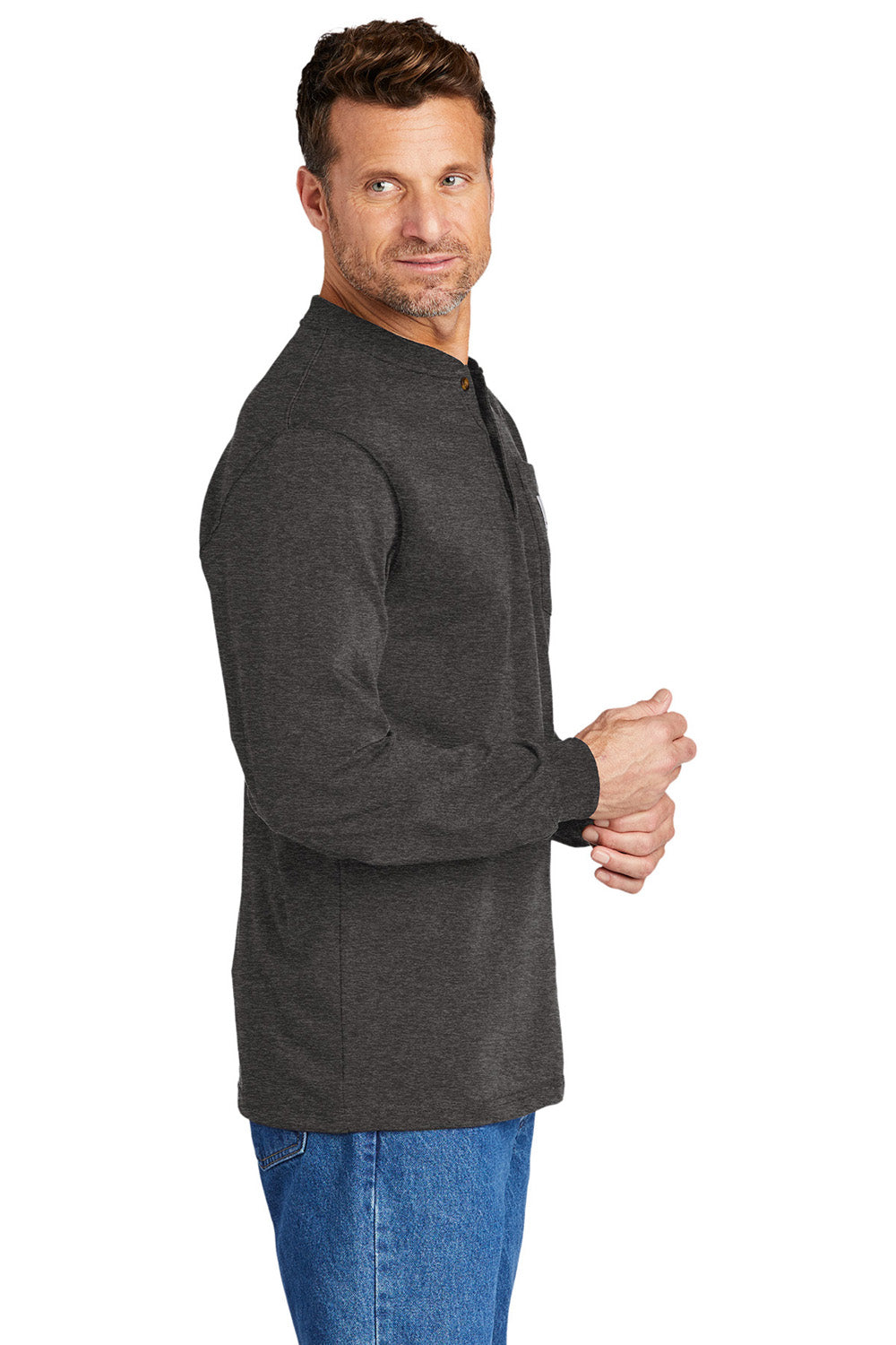 Carhartt CTK128 Mens Long Sleeve Henley T-Shirt w/ Pocket Heather Carbon Grey Model Side