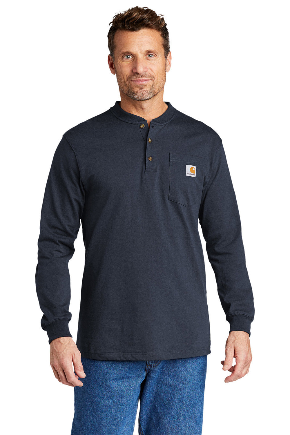 Carhartt CTK128 Mens Long Sleeve Henley T-Shirt w/ Pocket Navy Blue Model Front