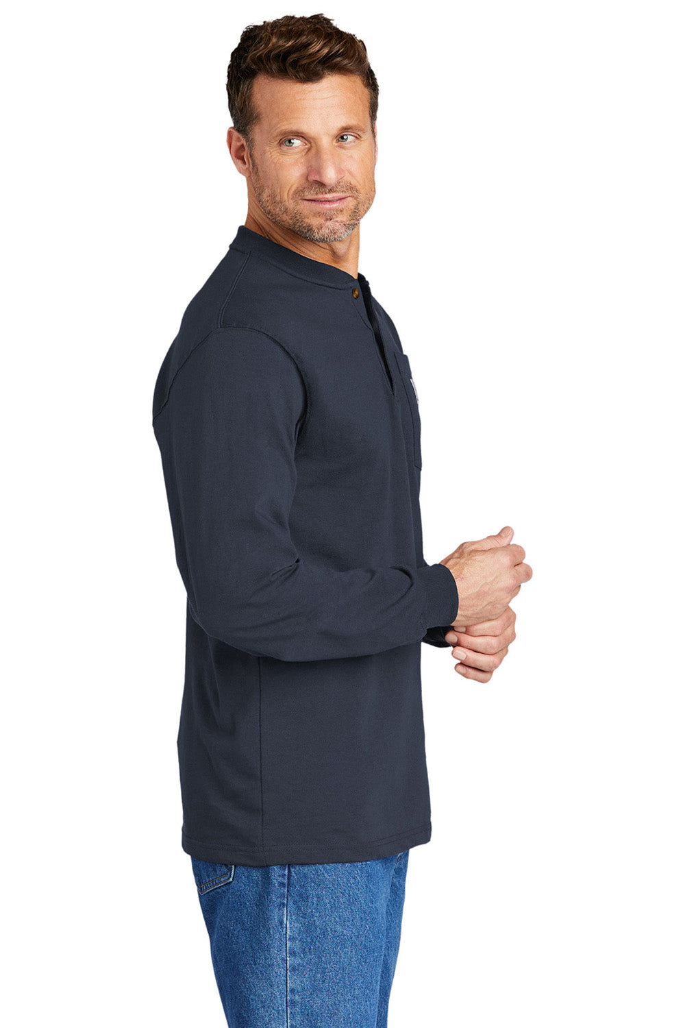 Carhartt CTK128 Mens Long Sleeve Henley T-Shirt w/ Pocket Navy Blue Model Side