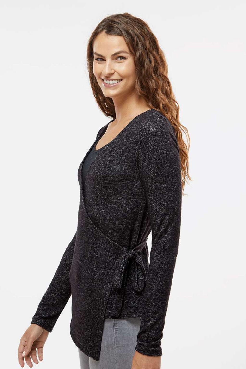 Boxercraft BW1301 Womens Cuddle Wrap Sweatshirt Heather Black Model Side