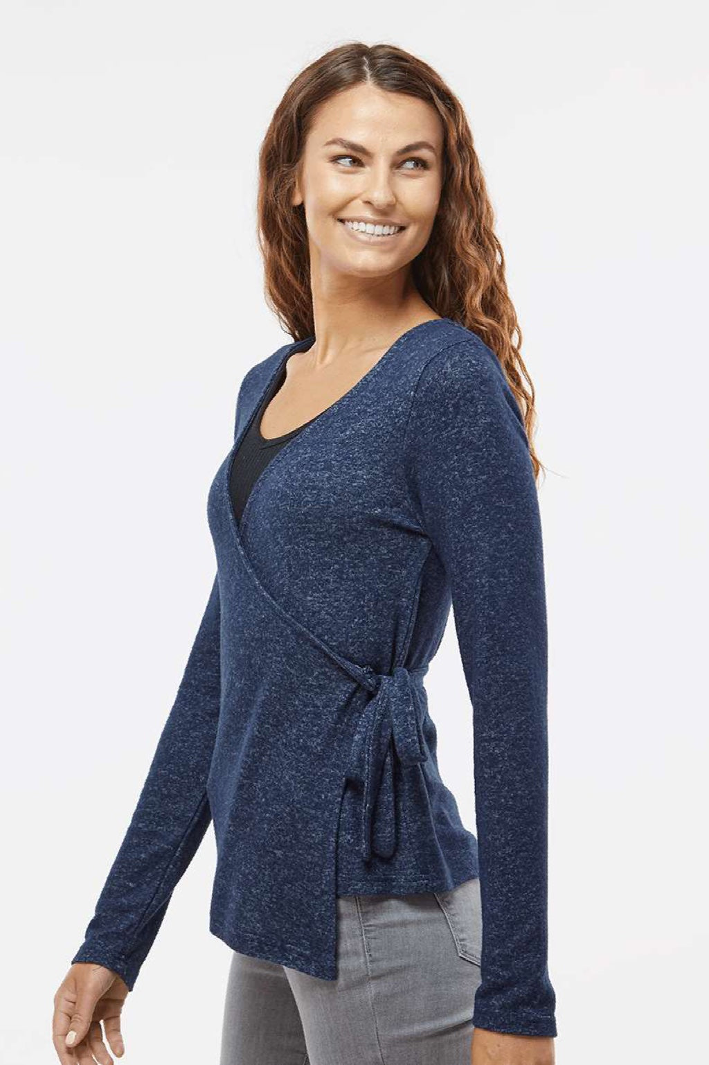 Boxercraft BW1301 Womens Cuddle Wrap Sweatshirt Heather Navy Blue Model Side