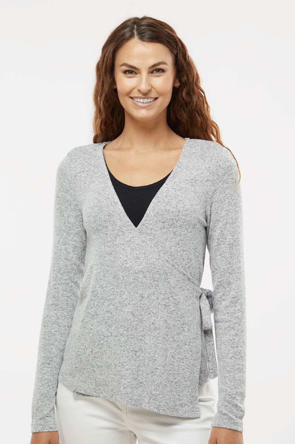 Boxercraft BW1301 Womens Cuddle Wrap Sweatshirt Heather Oxford Grey Model Front