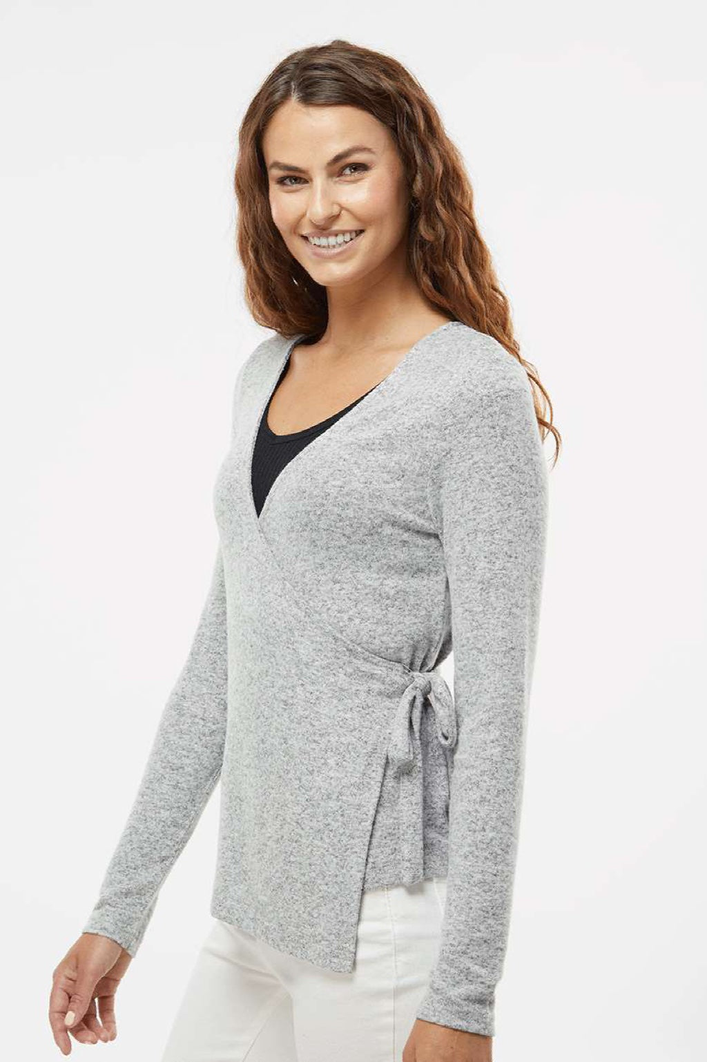 Boxercraft BW1301 Womens Cuddle Wrap Sweatshirt Heather Oxford Grey Model Side