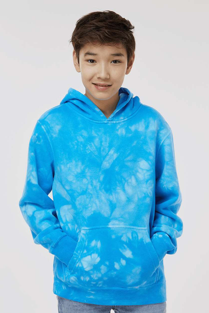 Independent Trading Company PRM1500TD Youth Tie-Dye Hooded Sweatshirt Hoodie w/ Pouch Pocket Aqua Blue Model Front