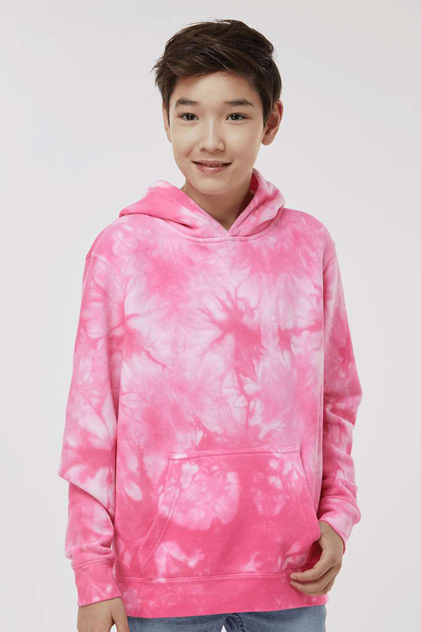 Independent Trading Company PRM1500TD Youth Tie-Dye Hooded Sweatshirt Hoodie w/ Pouch Pocket Pink Model Front