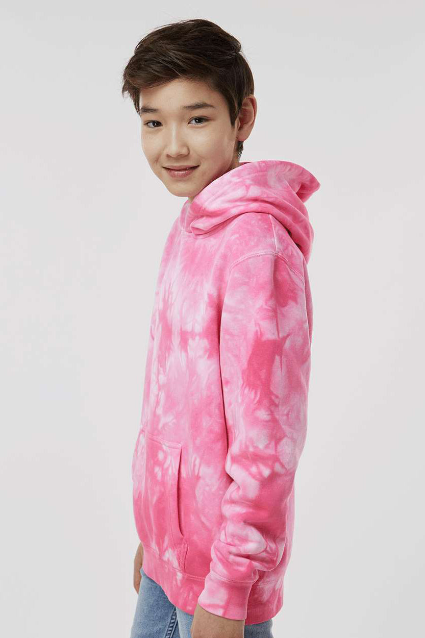 Independent Trading Company PRM1500TD Youth Tie-Dye Hooded Sweatshirt Hoodie w/ Pouch Pocket Pink Model Side