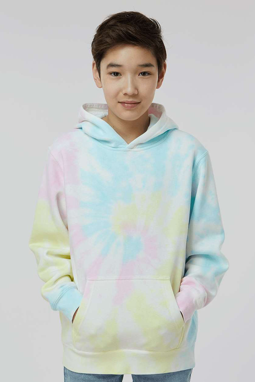 Independent Trading Company PRM1500TD Youth Tie-Dye Hooded Sweatshirt Hoodie w/ Pouch Pocket Sunset Swirl Model Front
