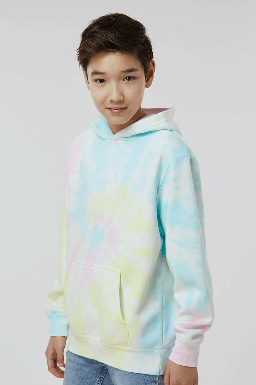 Independent Trading Company PRM1500TD Youth Tie-Dye Hooded Sweatshirt Hoodie w/ Pouch Pocket Sunset Swirl Model Side