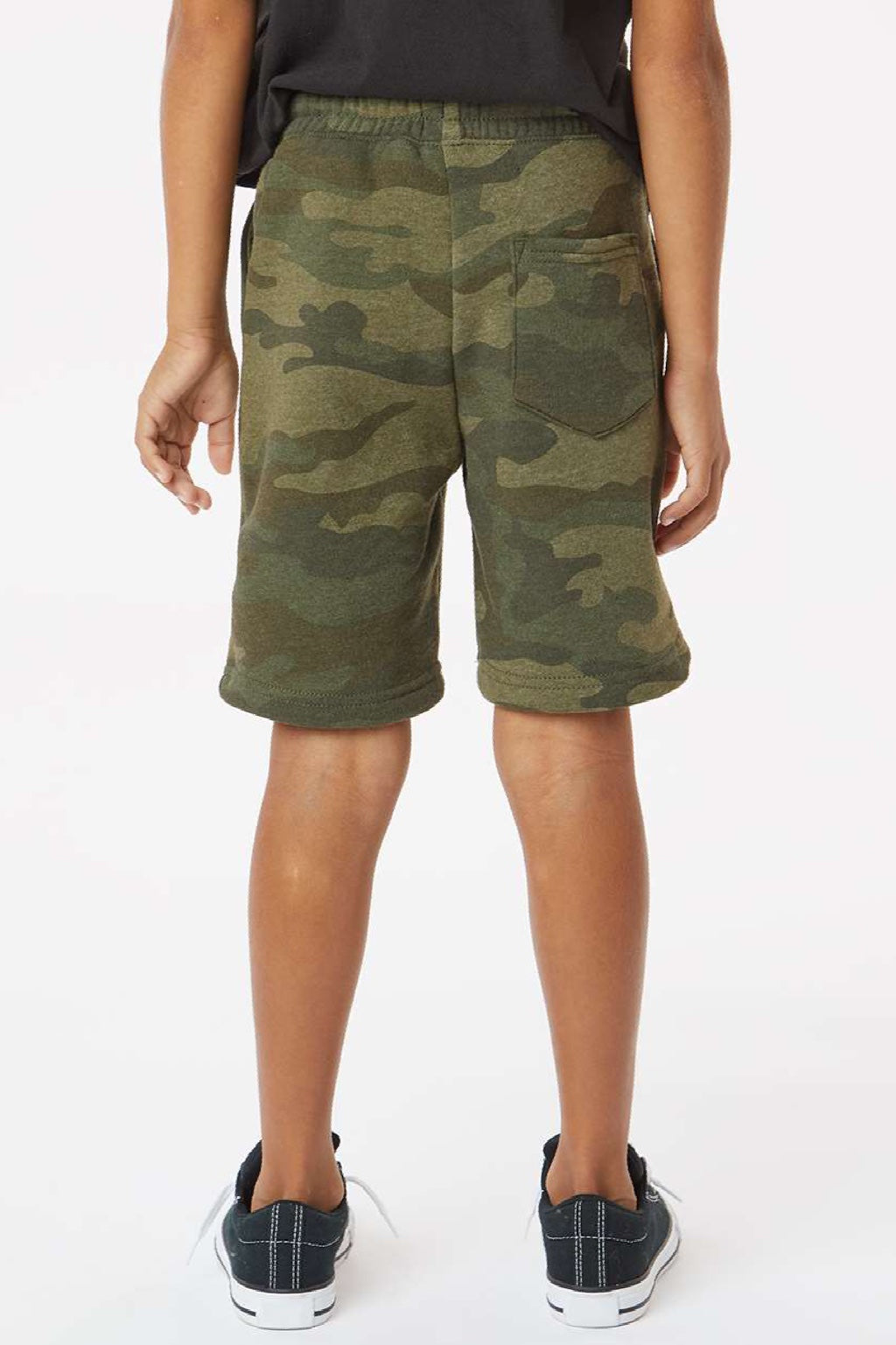 Independent Trading Company PRM16SRT Youth Special Blend Fleece Shorts w/ Pockets Heather Forest Green Camo Model Back