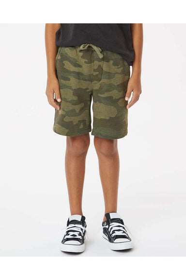 Independent Trading Co. PRM16SRT Youth Special Blend Fleece Shorts w/ Pockets Heather Forest Green Camo Model Front