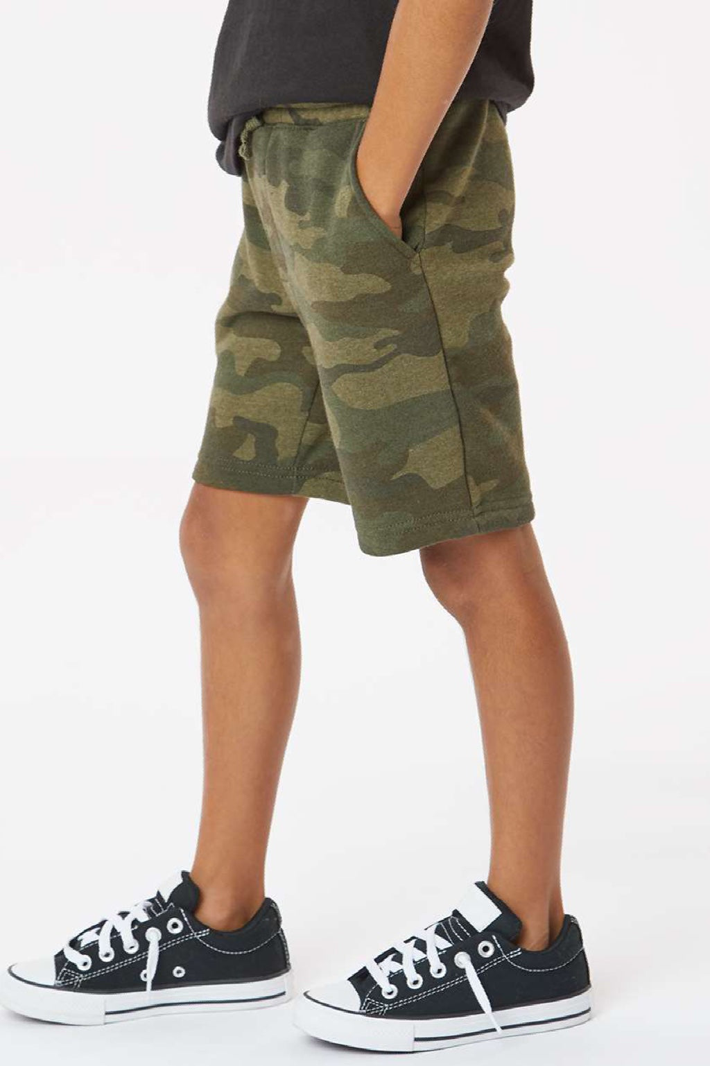 Independent Trading Company PRM16SRT Youth Special Blend Fleece Shorts w/ Pockets Heather Forest Green Camo Model Side