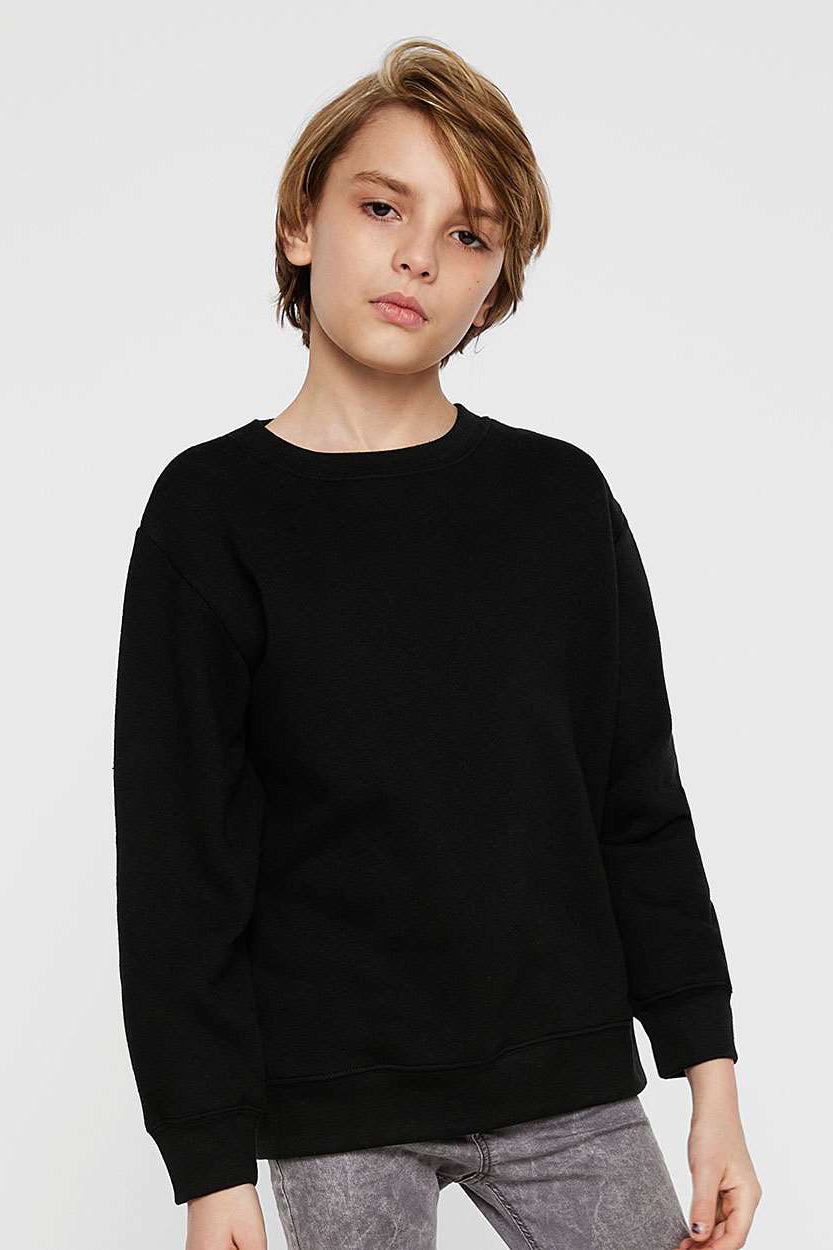 LAT 2225 Youth Elevated Fleece Crewneck Sweatshirt Black Model Front