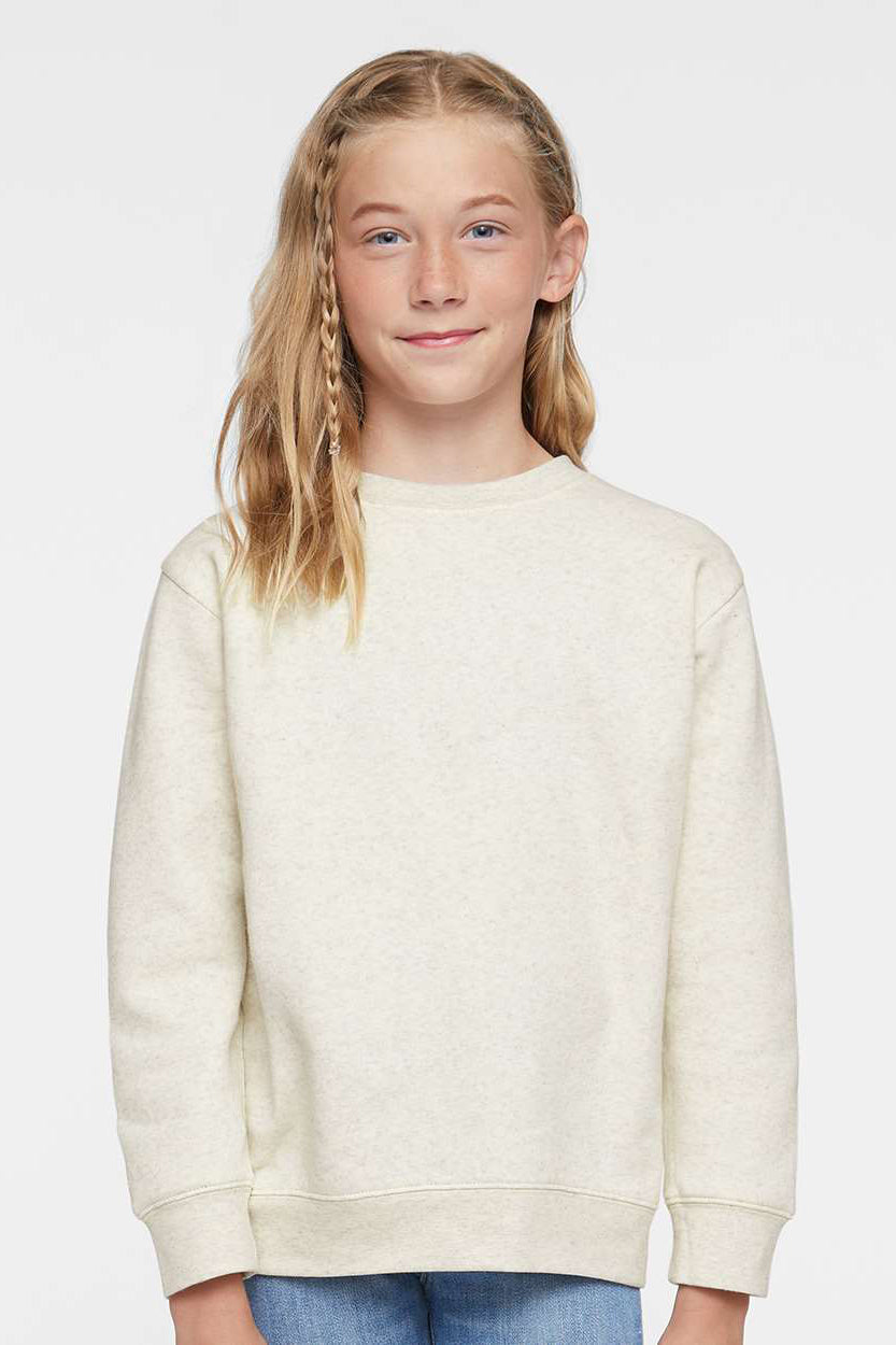 LAT 2225 Youth Elevated Fleece Crewneck Sweatshirt Heather Natural Model Front