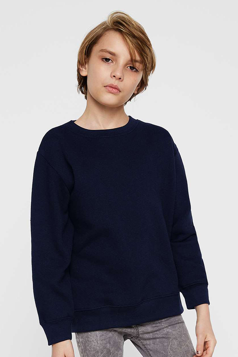 LAT 2225 Youth Elevated Fleece Crewneck Sweatshirt Navy Blue Model Front