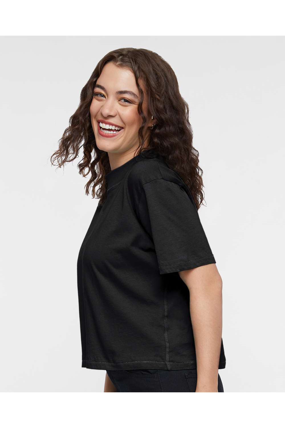 LAT 3518 Womens Boxy Short Sleeve Crewneck T-Shirt Blended Black Model Side