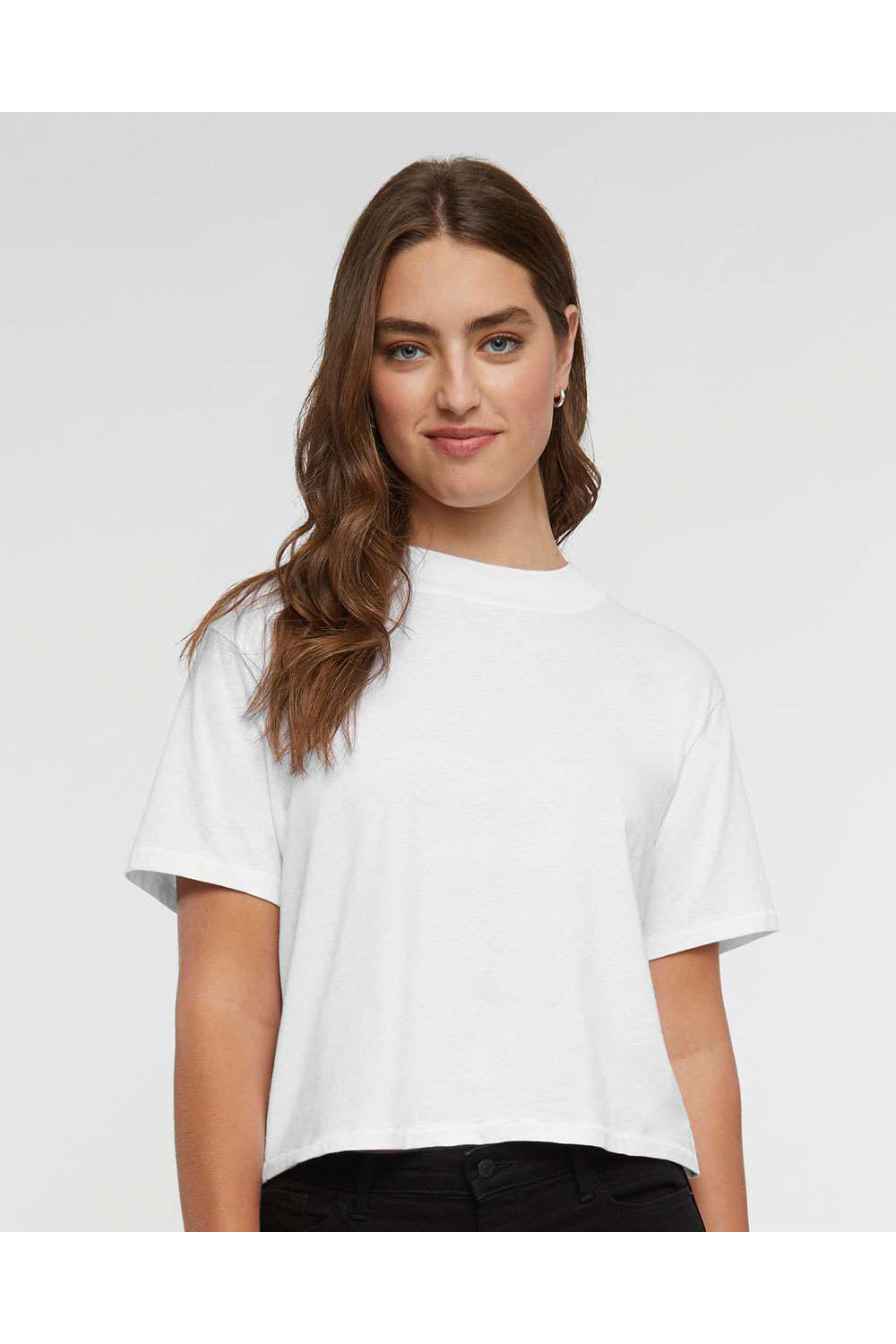 LAT 3518 Womens Boxy Short Sleeve Crewneck T-Shirt Blended White Model Front