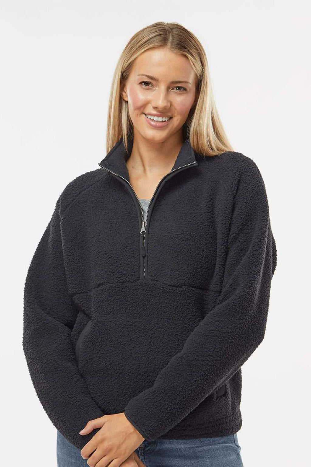 Boxercraft BW8501 Womens Everest 1/4 Zip Sweatshirt w/ Pouch Pocket Black Model Front