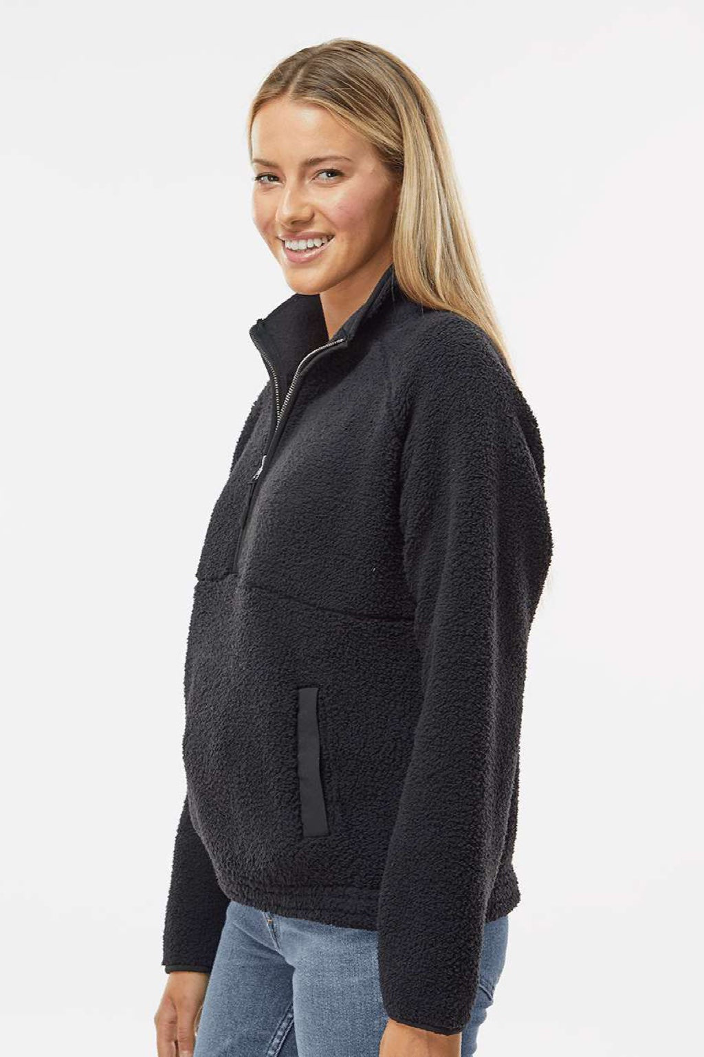 Boxercraft BW8501 Womens Everest 1/4 Zip Sweatshirt w/ Pouch Pocket Black Model Side