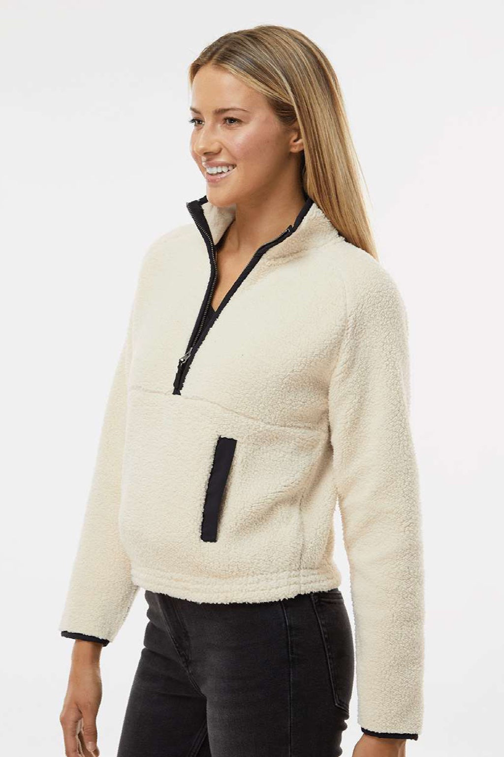 Boxercraft BW8501 Womens Everest 1/4 Zip Sweatshirt w/ Pouch Pocket Natural/Black Model Side