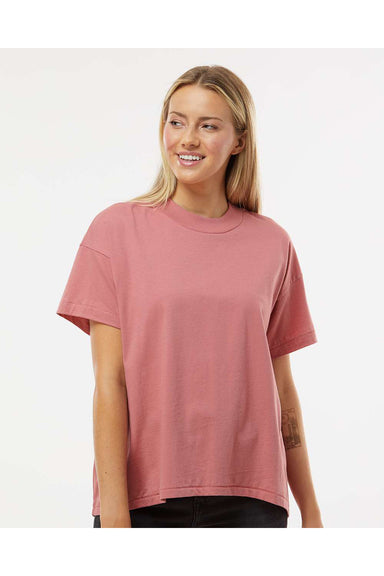 LAT 3519 Womens Hi-Lo Short Sleeve Crewneck T-Shirt Mauvelous Pink Model Front